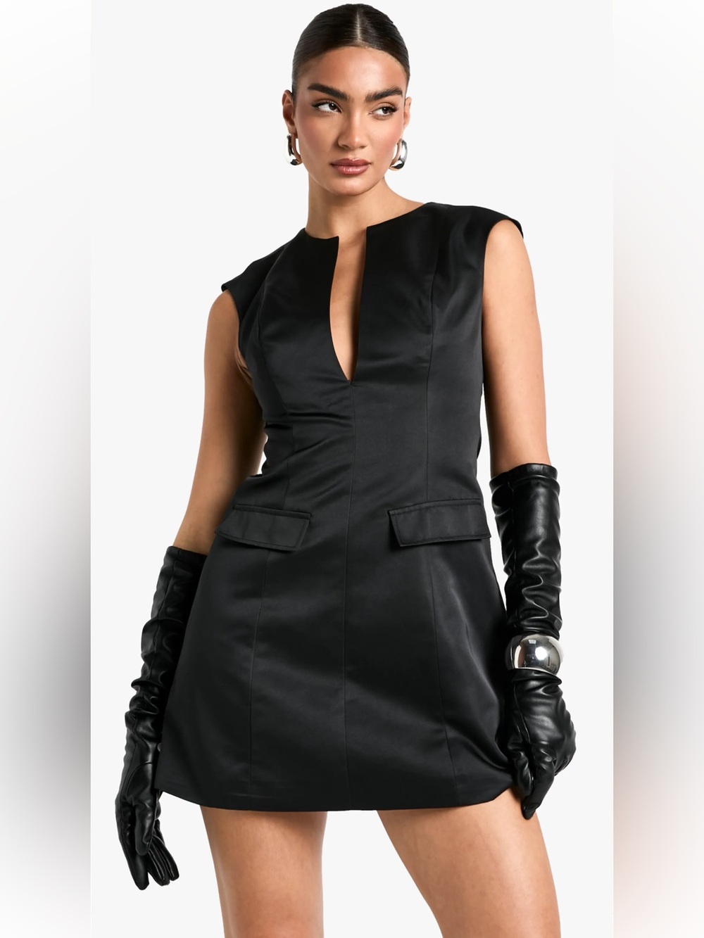 Black Sleeveless Satin Pocket Front Mini Dress